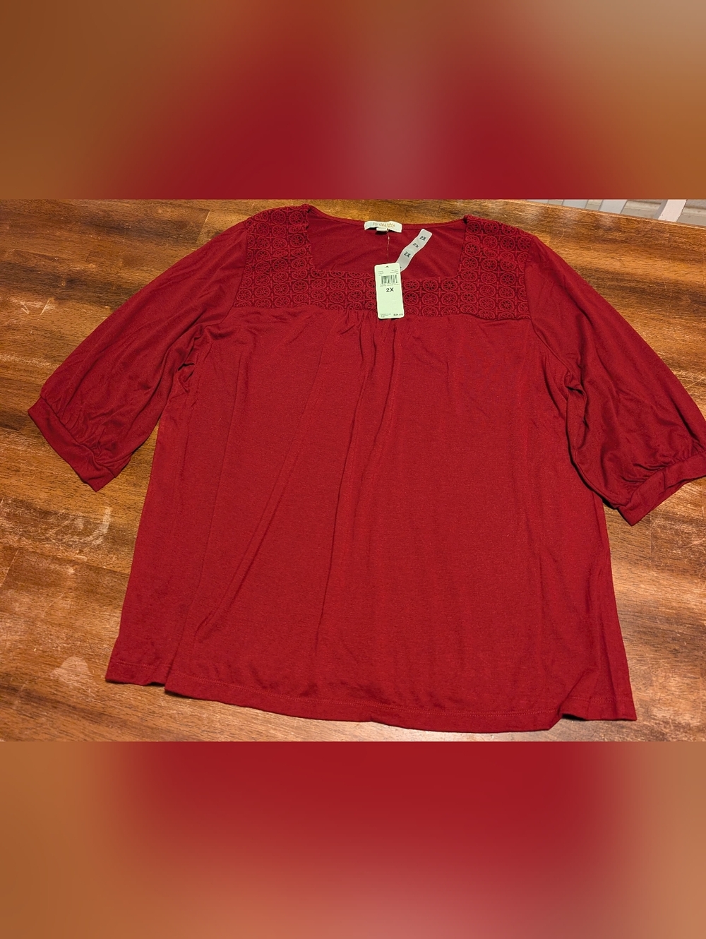 Women’s Red Lace Yoke 3/4 Sleeve Top